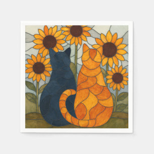 Serviette En Papier Chats en vitrail et conception d'art de tournesols