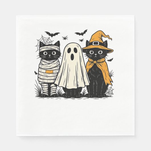 Serviette En Papier Chats noirs en costumes d'Halloween - Ghost, Witch (Devant)