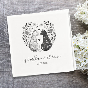 Serviette En Papier Chats noirs et blancs simples Floral Chic Mariage