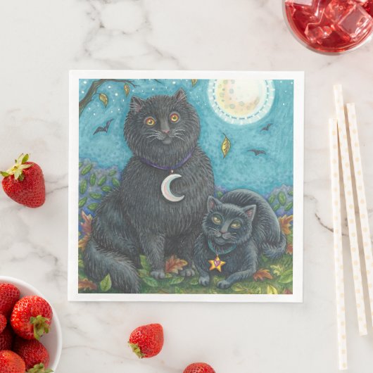 SERVIETTE EN PAPIER CHATS NOIRS HALLOWEEN FOLK ART FELINES (En situation)