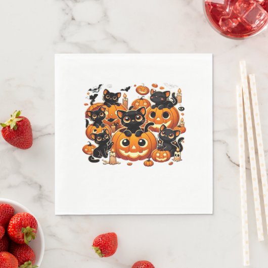 Serviette En Papier Chats noirs mignons en Citrouille Halloween Night  (En situation)