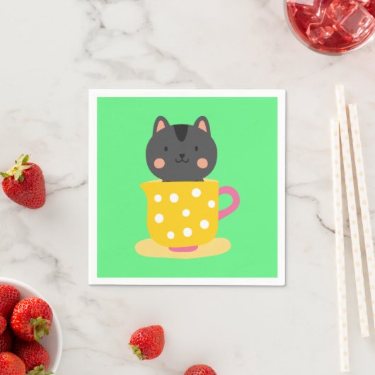 Serviette En Papier Chatte mignonne en dessin animé sur la menthe (En situation)