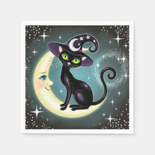 Serviette En Papier Chatte sorcière sur croissant de lune Halloween Wi