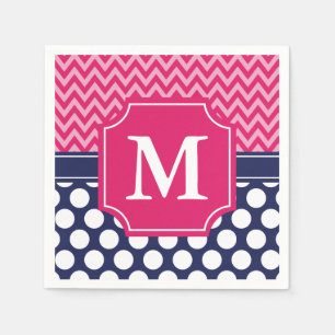 Serviette En Papier Chaud rose et Navy Chevron Zigzag Pois Monogramme