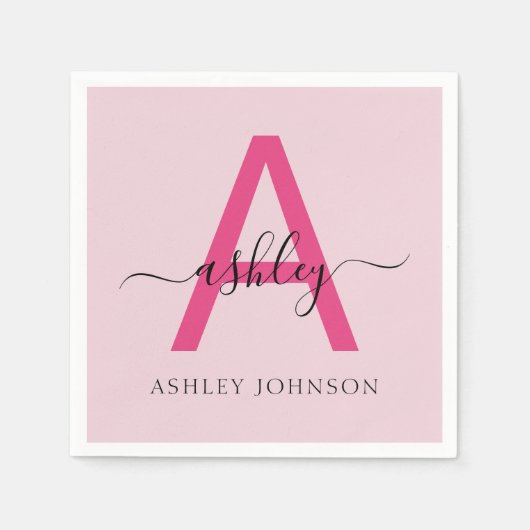 Serviette En Papier Chaud rose moderne Script Girl Monogramme Nom (Devant)