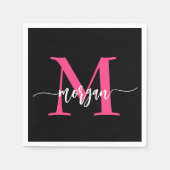 Serviette En Papier Chaud rose noir moderne Script Girl Monogramme Nom (Devant)