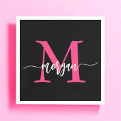 Serviette En Papier Chaud rose noir moderne Script Girl Monogramme Nom