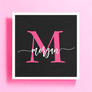 Serviette En Papier Chaud rose noir moderne Script Girl Monogramme Nom