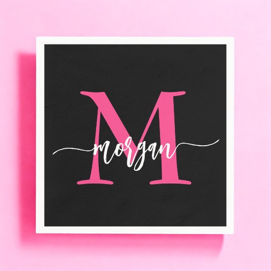 Serviette En Papier Chaud rose noir moderne Script Girl Monogramme Nom