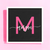 Serviette En Papier Chaud rose noir moderne Script Girl Monogramme Nom