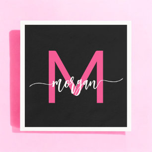 Serviette En Papier Chaud rose noir moderne Script Girl Monogramme Nom