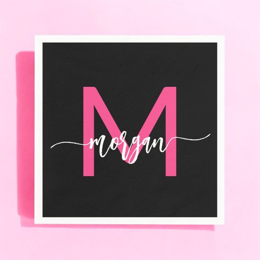 Serviette En Papier Chaud rose noir moderne Script Girl Monogramme Nom