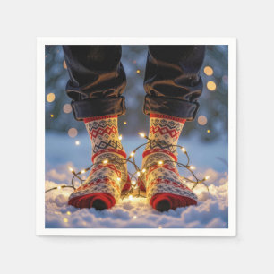 Serviette En Papier Chaussettes de Noël et lumières de fête dans la ne