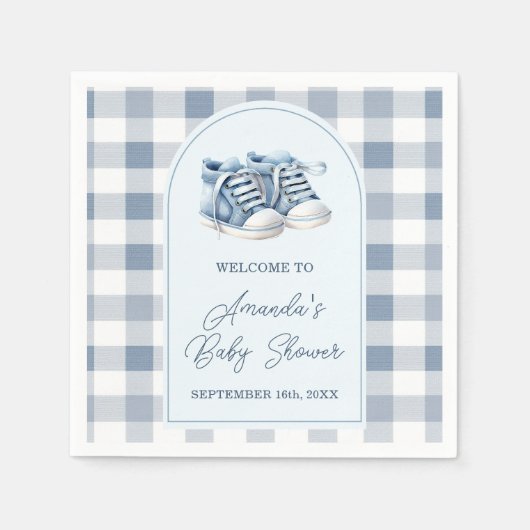 Serviette En Papier Chaussons Bébé Bleu Gingham Garçon Chaussures Bébé (Devant)