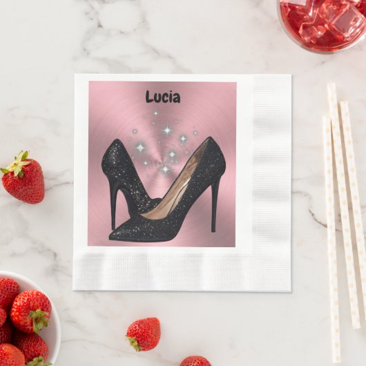 Serviette En Papier Chaussure haute Parties scintillant noire sur rose (En situation)