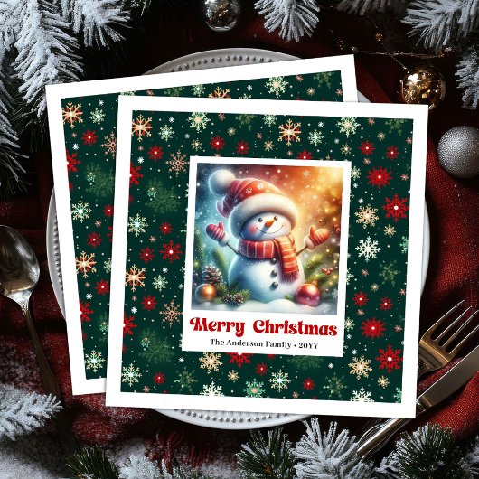 Serviette En Papier Cheerful Christmas snowman with snowflakes kids 