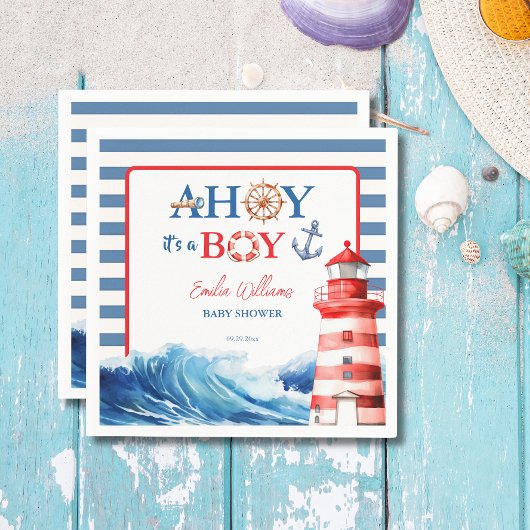 Serviette En Papier Cheerful Red Blue Maritime Waves Baby Shower
