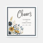 Serviette En Papier Cheers Blue Jaune Floral Élégant Mariage (Devant)