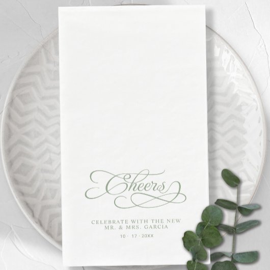 Serviette En Papier Cheers Elegant Bride & Groom Calligraphy Green