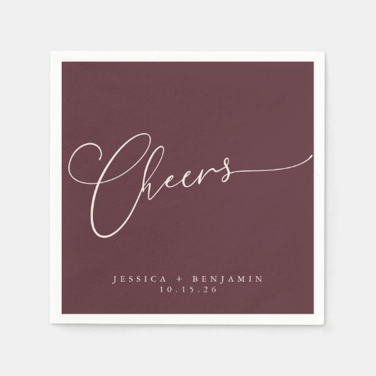 Serviette En Papier Cheers Minimal Burgundy Script personnalisé mariag (Devant)