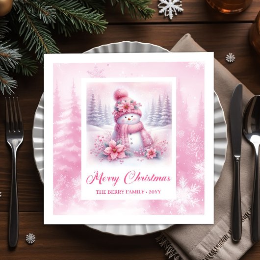 Serviette En Papier Cheery Winter Forest Pink Snowman Christmas Napkin
