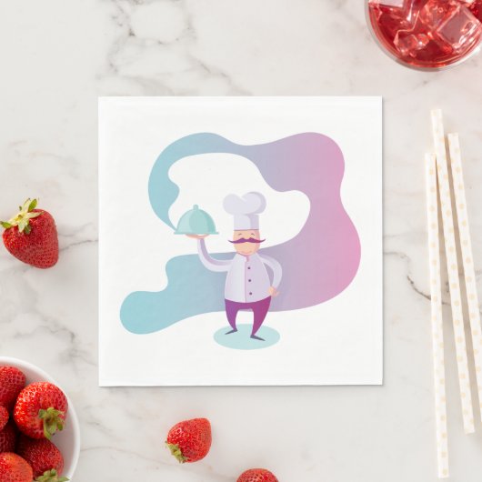 Serviette En Papier Chef souriant avec Moustache et plateau de service (En situation)