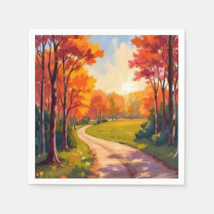 Serviette En Papier Chemin d'Automne Feuillage Rouge Paysage Naturel