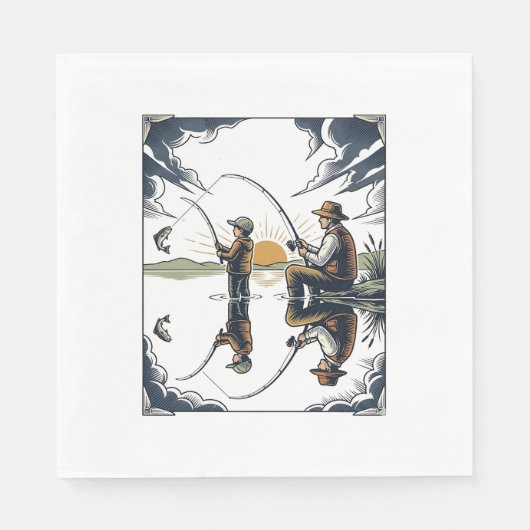 Serviette En Papier Chemise avec gravure vintage père et enfant pêche  (Devant)