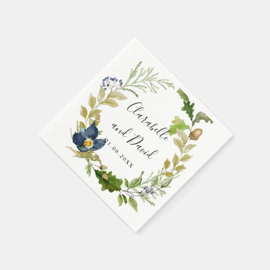 Serviette En Papier Chêne clair et fleurs bleues mariage personnalisé (Coin)