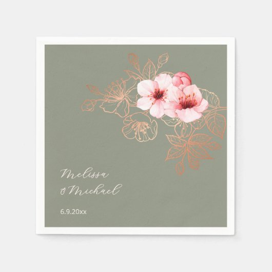 Serviette En Papier Cherry Blossom Pink Sage Green Wedding (Devant)