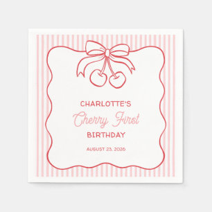 Serviette En Papier "Cherry First" Anniversaire Rose Ruban Rayé Fémini