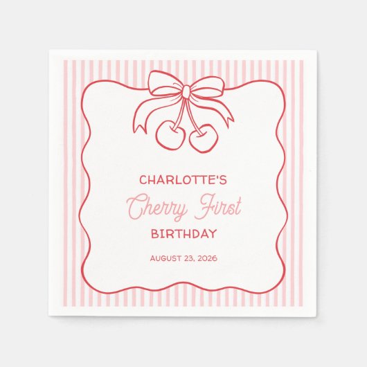 Serviette En Papier "Cherry First" Birthday Pink Stripe Bow Girly (Devant)