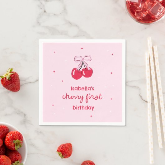 Serviette En Papier Cherry First Birthday with Pink Preppy Bow (En situation)