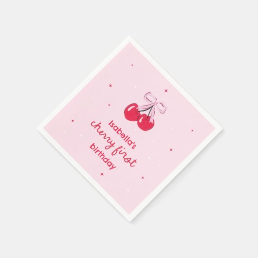 Serviette En Papier Cherry First Birthday with Pink Preppy Bow (Coin)
