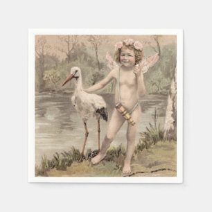 Serviette En Papier Cherub vintage avec cigogne près du lac