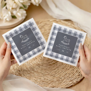Serviette En Papier Cheval à Bascule Vintage Baby Shower Gingham Éléga