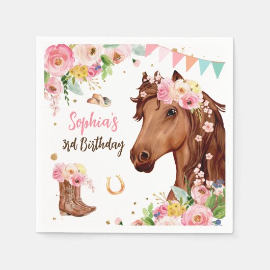 Serviette En Papier Cheval Anniversaire Fille Cowgirl Rose Floral Part (Devant)