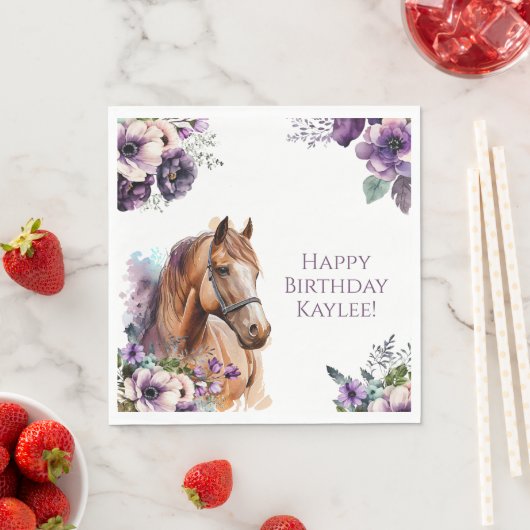 Serviette En Papier Cheval Anniversaire Serviettes violettes Fleurs vi (En situation)