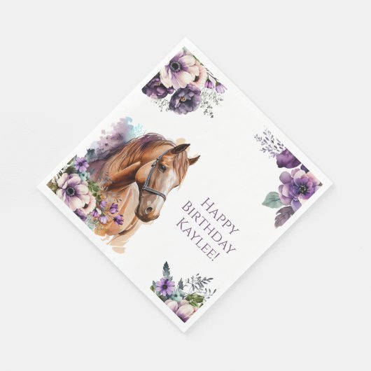 Serviette En Papier Cheval Anniversaire Serviettes violettes Fleurs vi (Coin)