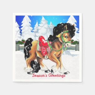 Serviette En Papier Cheval Avec Selle Rouge Scène Hiver Serviettes