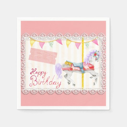 Serviette En Papier Cheval de carrousel (rose) Anniversaire (Devant)