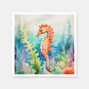 Serviette En Papier Cheval de mer délicat avec aquarelle Coral Reef