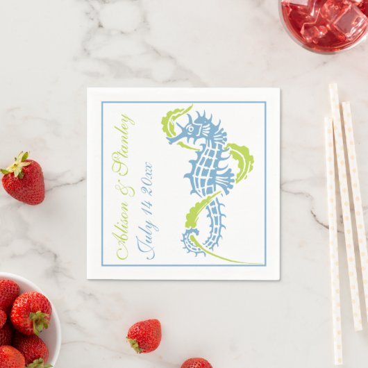 Serviette En Papier Cheval de mer et algues bleu, mariage vert citron (En situation)