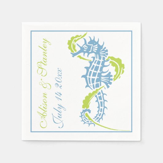 Serviette En Papier Cheval de mer et algues bleu, mariage vert citron (Devant)