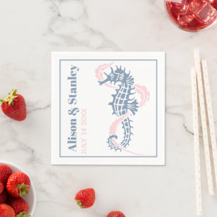 Serviette En Papier Cheval de mer et algues bleu poussiéreux et mariag