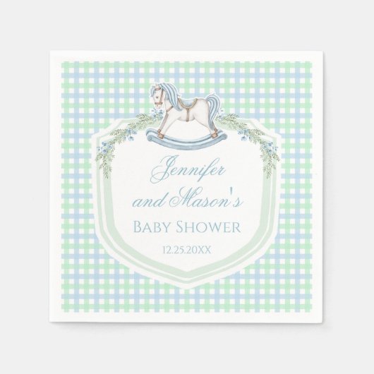 Serviette En Papier Cheval en bois bleu en vichy bébé (Devant)