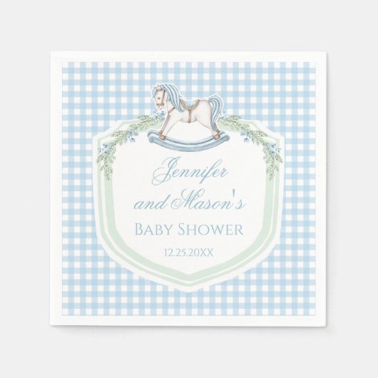 Serviette En Papier Cheval en bois bleu en vichy crête bébé garçon dou (Devant)