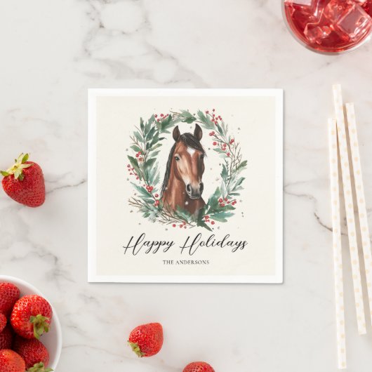Serviette En Papier Cheval Festif Noël Wreath Joyeuses Fêtes (En situation)