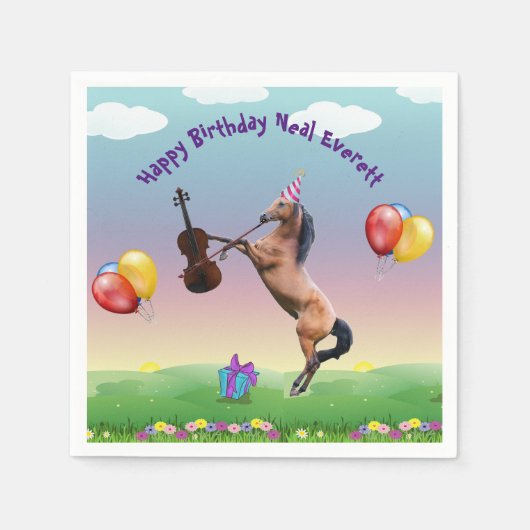 Serviette En Papier Cheval Jouant Le Violon Anniversaire (Devant)