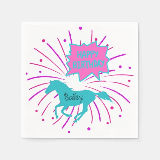Serviette En Papier Cheval Joyeux Anniversaire rose violet Turquoise (Devant)